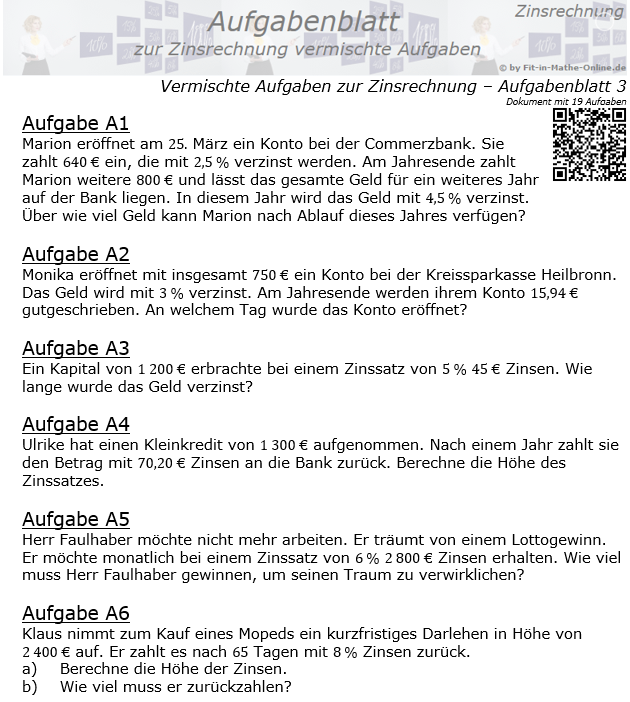 Vermischte Aufgaben der Zinsrechnung Aufgabenblatt 3 / © by Fit-in-Mathe-Online.de