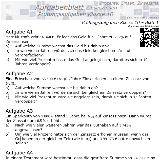 Prüfungsaufgaben mit Zinseszinsen Aufgaben 01 - 08 / © by Fit-in-Mathe-Online.de