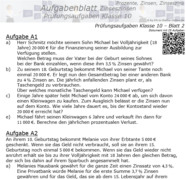 Prüfungsaufgaben mit Zinseszinsen Aufgaben 09 - 16 / © by Fit-in-Mathe-Online.de