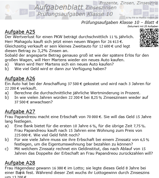 Prüfungsaufgaben mit Zinseszinsen Aufgaben 25 - 32 / © by Fit-in-Mathe-Online.de