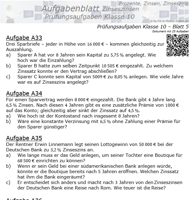 Prüfungsaufgaben mit Zinseszinsen Aufgaben 33 - 40 / © by Fit-in-Mathe-Online.de