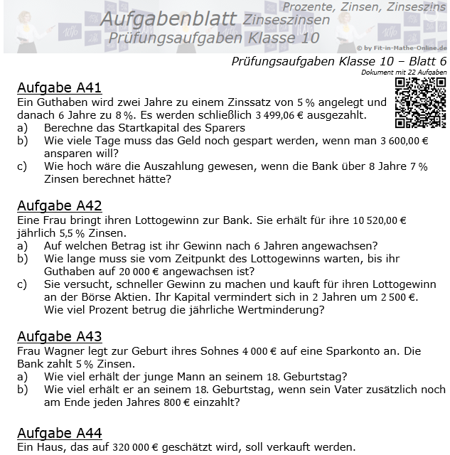 Prüfungsaufgaben mit Zinseszinsen Aufgaben 41 - 48 / © by Fit-in-Mathe-Online.de
