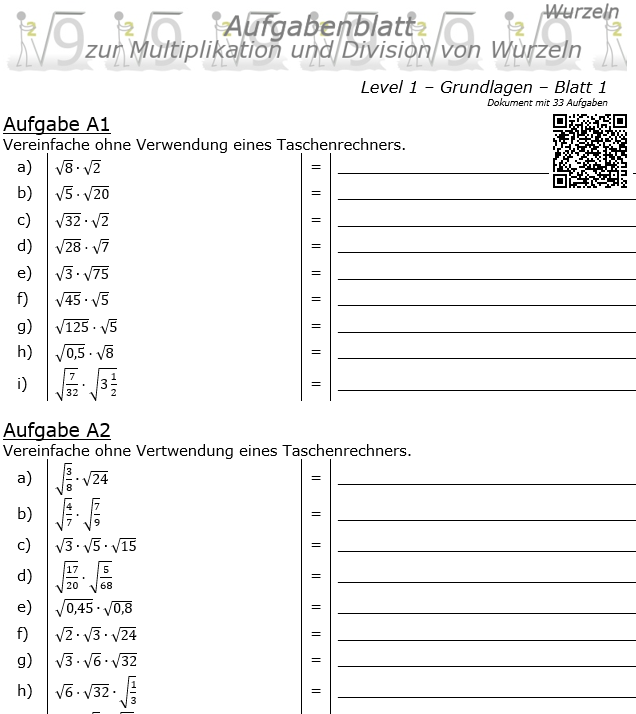 Wurzel Multiplikation und Division Aufgabenblatt 01 Grundlagen 1/1 / © by Fit-in-Mathe-Online.de