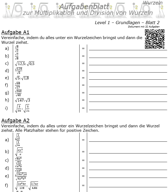 Wurzel Multiplikation und Division Aufgabenblatt 01 Grundlagen 1/2 / © by Fit-in-Mathe-Online.de