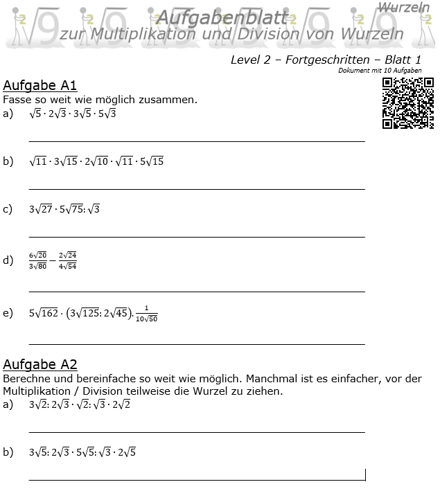Wurzel Multiplikation und Division Aufgabenblatt 01 Fortgeschritten 2/1 / © by Fit-in-Mathe-Online.de