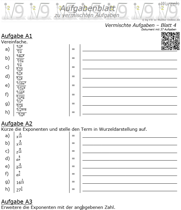 Vermischte Aufgaben mit Wurzeln Aufgabenblatt 4 / © by Fit-in-Mathe-Online.de