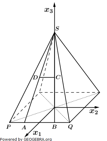 Ein Zelt hat die Form einer senkrechten quadratischen Pyramide. (Abitur allg. bildendes Gymnasium Wahlteilaufgaben Analytische Geometrie 2004-11/© by www.fit-in-mathe-online.de)