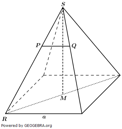In der abgebildeten quadratischen Pyramide ist die Strecke PQ=1,5 cm parallel zur Grundkante a. (Realschulabschluss Pflichtteil A1 (ohne Hilfsmittel) Mustersatz 6 Aufgabengraphik M06A301/© by www.fit-in-mathe-online.de)
