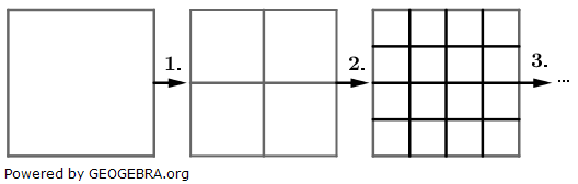 In der folgenden Abbildung wird das linke Quadrat im ersten Schritt in 4 gleich große Quadrate geteilt.  (Realschulabschluss Pflichtteil A1 (ohne Hilfsmittel) Mustersatz 2 Aufgabengraphik M07A301/© by www.fit-in-mathe-online.de)