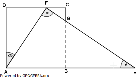 Das rechtwinklige Dreieck AEF überdeckt das Quadrat ABCD teilweise. (Realschulabschluss Pflichtteilaufgaben Trigonometrie Aufgabengraphik P22013/© by www.fit-in-mathe-online.de)
