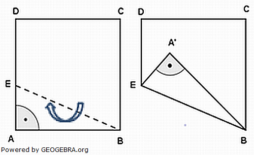 Ein quadratisches Blatt Papier (Format 10 cm X 10 cm) wird entlang von EB gefaltet. (Realschulabschluss Wahlteilaufgaben Trigonometrie Aufgabengraphik W4b2010/© by www.fit-in-mathe-online.de)