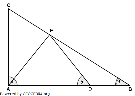 Im rechtwinkligen Dreieck ABC liegt das gleichschenklige Dreieck ADE. (Realschulabschluss Wahlteilaufgaben Trigonometrie Aufgabengraphik W1a2013/© by www.fit-in-mathe-online.de)