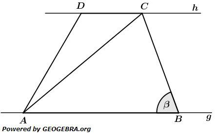 Die Eckpunkte des Vierecks ABCD liegen auf den Parallelen g und h. (Realschulabschluss Wahlteilaufgaben Trigonometrie Aufgabengraphik W1a2016/© by www.fit-in-mathe-online.de)