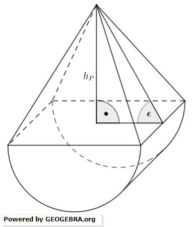Ein Körper setzt sich aus einem halben Zylinder und einer quadratischen Pyramide zusammen. (Realschulabschluss Zusammengesetzte Körper Aufgabengraphik Pflichtteilaufgabe P3/2017/© by www.fit-in-mathe-online.de)