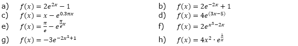 Bestimme jeweils die erste und zweite Ableitung. (Grafik A210501 im Aufgabensatz 5 Blatt 2/1 Fortgeschritten zur Ableitung der Exponentialfunktion /© by www.fit-in-mathe-online.de)