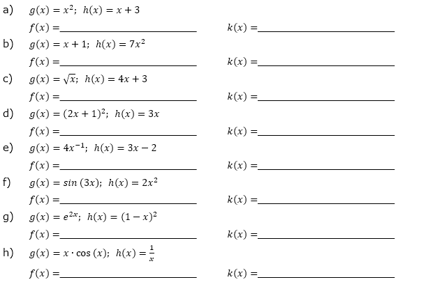 Bilde die verkettete Funktionsgleichung f(x)=g(h(x)) bzw. k(x)=h(g(x)). (Grafik A110301 im Aufgabensatz 3 Blatt 1/1 Grundlagen zur Kettenregel /© by www.fit-in-mathe-online.de)