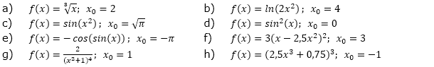Berechne die Steigung des Graphen der Funktionen f an der gegebenen Stelle x0. (Grafik A210201 im Aufgabensatz 2 Blatt 2/1 Fortgeschritten zur Kettenregel /© by www.fit-in-mathe-online.de)