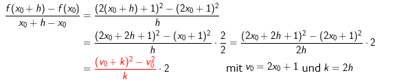Wenn wir diese beiden Differenzenquotienten bei der Untersuchung von (*) verwenden wollen, müssen wir den Differenzenquotienten f in (*) geschickt umformen. (WIKI zur Ableitung mit der Kettenregel. (Bild W0009/© by www.fit-in-mathe-online.de)