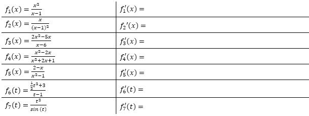 Bilde die Ableitungen mit Hilfe der Quotientenregel und vereinfache so weit wie möglich.  (Grafik A130101 im Aufgabensatz 1 Blatt 1/3 Grundlagen zur Produktregel bzw. Quotientenregel /© by www.fit-in-mathe-online.de)