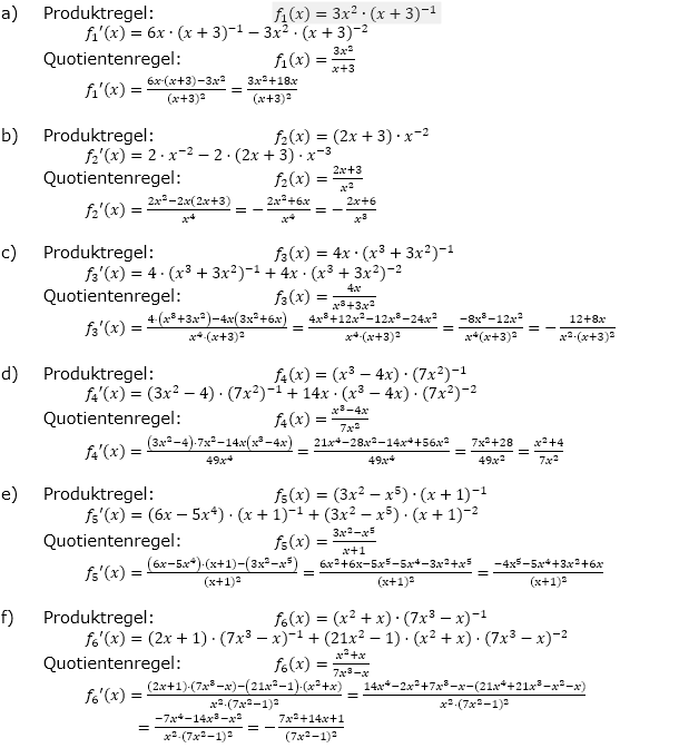 Produktregel bzw.Quotientenregel der Ableitungen Lösungen zum Aufgabensatz 1 Blatt 1/4 Grundlagen Bild 1/© by www.fit-in-mathe-online.de