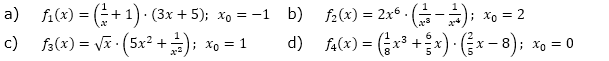 Berechne die Steigung der Funktionen fn an der angegebenen Stelle x0. (Grafik A210201 im Aufgabensatz 2 Blatt 2/1 Fortgeschritten zur Produktregel bzw. Quotientenregel /© by www.fit-in-mathe-online.de)