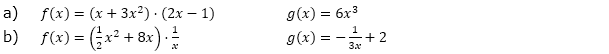 An welcher Stelle verlaufen die Graphen der der Funktionen f und g parallel? Welche Steigung haben die Tangenten an dieser Stelle? (Grafik A210401 im Aufgabensatz 4 Blatt 2/1 Fortgeschritten zur Produktregel bzw. Quotientenregel /© by www.fit-in-mathe-online.de)