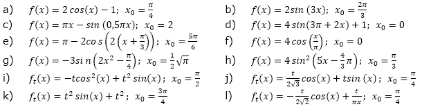 Bestimme den exakten Wert der Steigung des Graphen von f an der Stelle x0. (Grafik A220201 im Aufgabensatz 2 Blatt 2/2 Fortgeschritten zur Ableitung trigonometrischer Funktionen /© by www.fit-in-mathe-online.de)