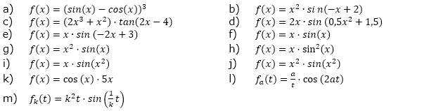 Bestimme die 1. und 2. Ableitung der folgenden Funktionsgleichungen: (Grafik A320101 im Aufgabensatz 1 Blatt 3/2 Expert zur Ableitung trigonometrischer Funktionen /© by www.fit-in-mathe-online.de)