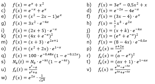 Bilde die 1. und 2. Ableitung der gegebenen Funktionsgleichungen und vereinfache so weit wie möglich. (Grafik A220101 im Aufgabensatz 1 Blatt 2/2 Fortgeschritten Ableitungen vermischte Aufgaben /© by www.fit-in-mathe-online.de)