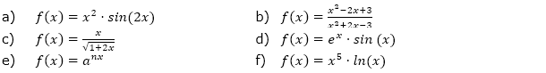 Bilde die 1. und 2. Ableitung der gegebenen Funktionsgleichungen und vereinfache. (Grafik A320101 im Aufgabensatz 1 Blatt 3/2 Expert Ableitungen vermischte Aufgaben /© by www.fit-in-mathe-online.de)