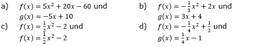 Beschreibe die gegenseitige Lage der Graphen von f und g. Gib gegebenenfalls die gemeinsamen Punkte an. (Grafik A140201 im Aufgabensatz 2 Blatt 1/4 Grundlagen zu quadratischen Funktionen in den Funktionsklassen /© by www.fit-in-mathe-online.de)