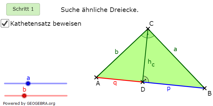 Wir suchen im 1. Schritt ähnliche Dreiecke. (Grafik kathetensatz-A0102 im Aufgabensatz Ähnlichkeitsbeweis Kathetensatz des Euklid) /© by www.fit-in-mathe-online.de)