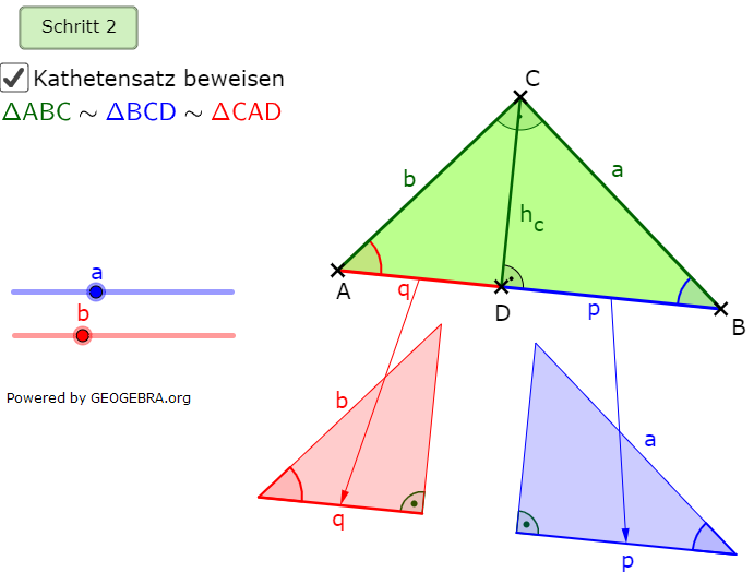 Im 2. Schritt stellen wir fest, dass die Dreiecke ΔABC, ΔBCD sowie ΔCAD ähnlich sind. (Grafik kathetensatz-A0103 im Aufgabensatz Ähnlichkeitsbeweis Kathetensatz des Euklid) /© by www.fit-in-mathe-online.de)
