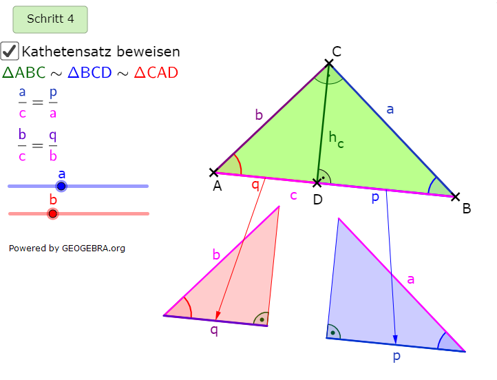 Wir stellen die Ähnlichkeiten von ΔABC und ΔBCD fest sowie für ΔABC und ΔCAD. (Grafik kathetensatz-A0105 im Aufgabensatz Ähnlichkeitsbeweis Kathetensatz des Euklid) /© by www.fit-in-mathe-online.de)