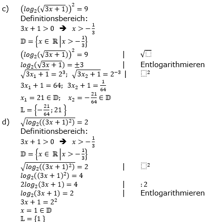 Lösung zu logarithmischen Gleichungen Grundlagen Aufgabe 1 Aufgabenblatt 2 c-d)/© by www.fit-in-mathe-online.de