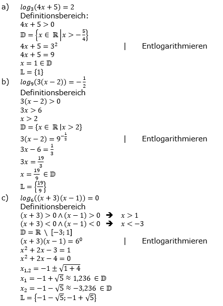 Lösung zu logarithmischen Gleichungen Grundlagen Aufgabe 2 Aufgabenblatt 2 a-c)/© by www.fit-in-mathe-online.de