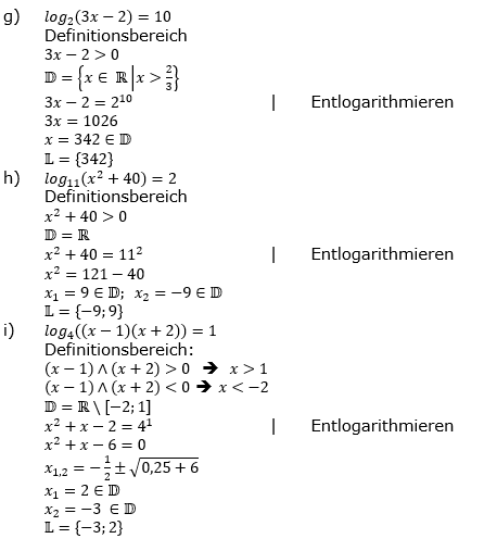 Lösung zu logarithmischen Gleichungen Grundlagen Aufgabe 2 Aufgabenblatt 2 g-i)/© by www.fit-in-mathe-online.de