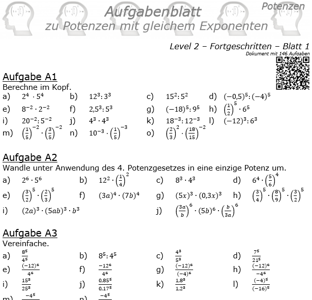 Potenzen mit gleichem Exponenten Aufgabenblatt Level 2 / Blatt 1 © by www.fit-in-mathe-online
