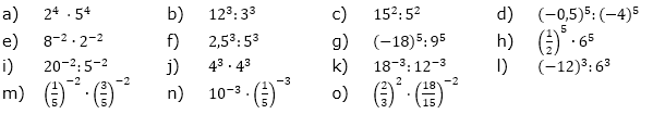 Berechne im Kopf. (Aufgabensatz 1 Blatt 2/1 Fortgeschritten zu Potenzen mit gleichem Exponenten/© by www.fit-in-mathe-online.de)