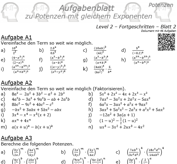 Potenzen mit gleichem Exponenten Aufgabenblatt Level 2 / Blatt 2 © by www.fit-in-mathe-online