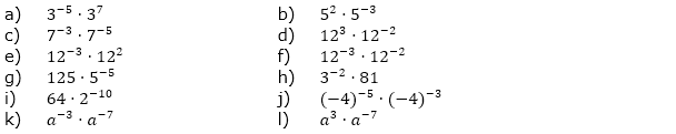 Multipliziere und schreibe das Ergebnis, falls möglich, mit positivem Exponenten. (Aufgabensatz 9 Blatt 2/2 Fortgeschritten zu Potenzen mit gleicher Basis/© by www.fit-in-mathe-online.de)