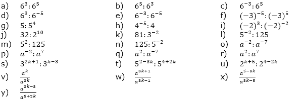 Dividiere und schreibe das Ergebnis, falls möglich, mit positivem Exponenten. (Aufgabensatz 10 Blatt 2/2 Fortgeschritten zu Potenzen mit gleicher Basis/© by www.fit-in-mathe-online.de)