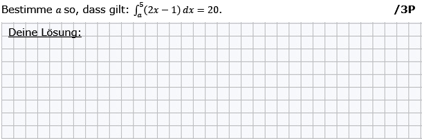 Bestimme a so, dass die Fläche unter dem Graphen von f mit f(x)=2x-1 im Interval  I=[a;5] 20 FE beträgt. (Grafik g8k11/W23A0101 im Aufgabensatz 1 Wochenblatt 23 Kursstufe 1 Prüfungsvorbereitung Abitur/© by www.fit-in-mathe-online.de)