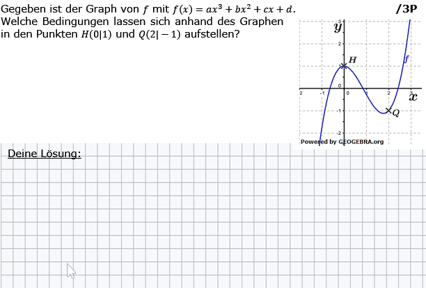 Gegeben ist der Graph von f mit f(x)=ax^3+bx^2+cx+d. (Grafik g8k12/W09A0302 im Aufgabensatz 3 Wochenblatt 09 Kursstufe 2 Prüfungsvorbereitung Abitur) /© by www.fit-in-mathe-online.de)