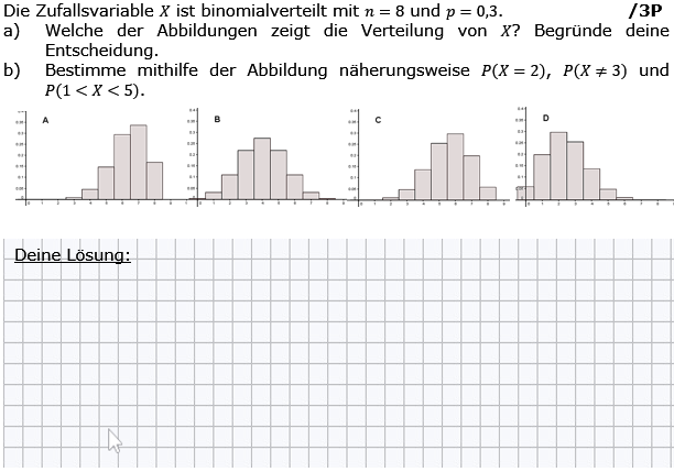 Die Zufallsvariable X ist binomialverteilt mit n=8 und p=0,3. (Grafik g8k12/W11A0501 im Aufgabensatz 5 Wochenblatt 11 Kursstufe 2 Prüfungsvorbereitung Abitur) /© by www.fit-in-mathe-online.de)