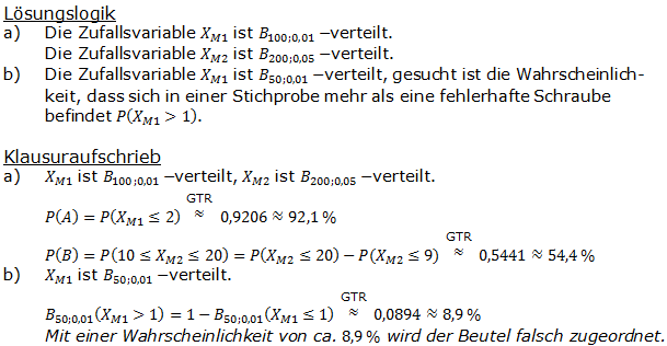 Stochastik Binomialverteilung Lösungen zum Aufgabensatz 1 Blatt 2/3 Fortgeschrittten (Graphik A2316L01)/© by www.fit-in-mathe-online.de