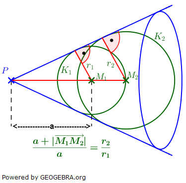 Bestimme den Punkt P (siehe Grafik) des gemeinsamen Tangentialkegels der beiden Kugeln K1 und K2. (Analytische Geometrie Kreis und Kugel Aufgabensatz 3 Expert Blatt 3/1/© by www.fit-in-mathe-online.de)