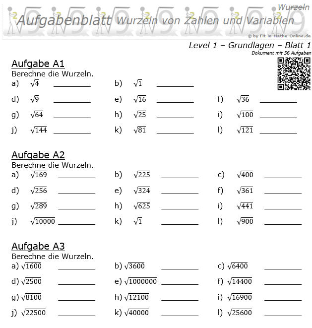Wurzeln von Zahlen und Variablen Aufgabenblatt 01 Grundlagen 1/1 / © by Fit-in-Mathe-Online.de