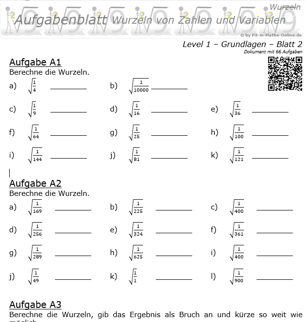 Wurzeln von Zahlen und Variablen Aufgabenblatt 02 Grundlagen 1/2 / © by Fit-in-Mathe-Online.de