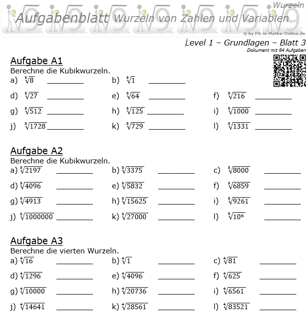 Wurzeln von Zahlen und Variablen Aufgabenblatt 03 Grundlagen 1/3 / © by Fit-in-Mathe-Online.de